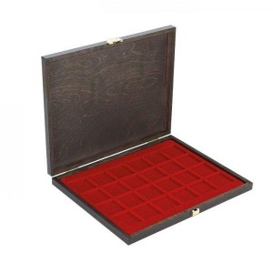 LINDNER - Cofanetto CARUS-1 con interno bordeaux a 24 caselle quadrate da 42 mm - Noce scuro