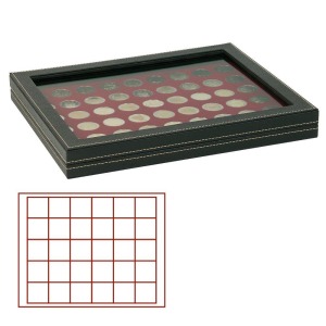 Cofanetto NERA CASSETTA M CON FINESTRA con interno bordeaux a 30 caselle quadrate da 38 mm Nero Lindner 1 1