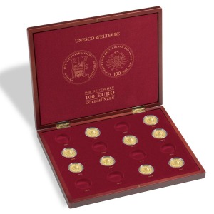 LEUCHTTURM - Cofanetto VOLTERRA in legno con 1 ripiano a 35 caselle rotonde da 33,5 mm per 100 € oro Germania in capsula originale - Mogano